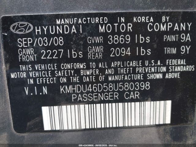 2008 HYUNDAI ELANTRA KMHDU46D58U580398 Photo 8