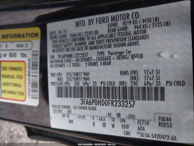3FA6P0HD0FR233257 Ford FUSION SE