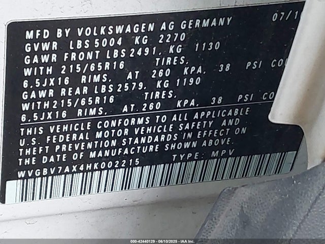WVGBV7AX4HK002215 Volkswagen 2.0 tsi