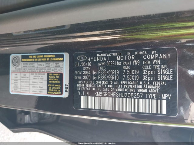 KM8SRDHF3HU208257 Hyundai gdi lambda ii