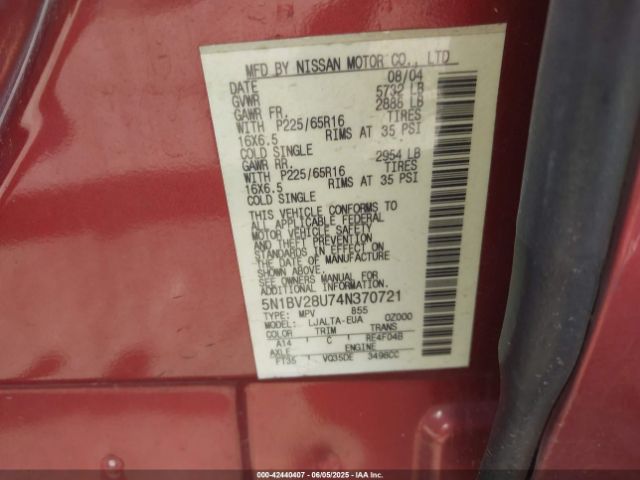 2004 NISSAN QUEST 5N1BV28U74N370721 Photo 8