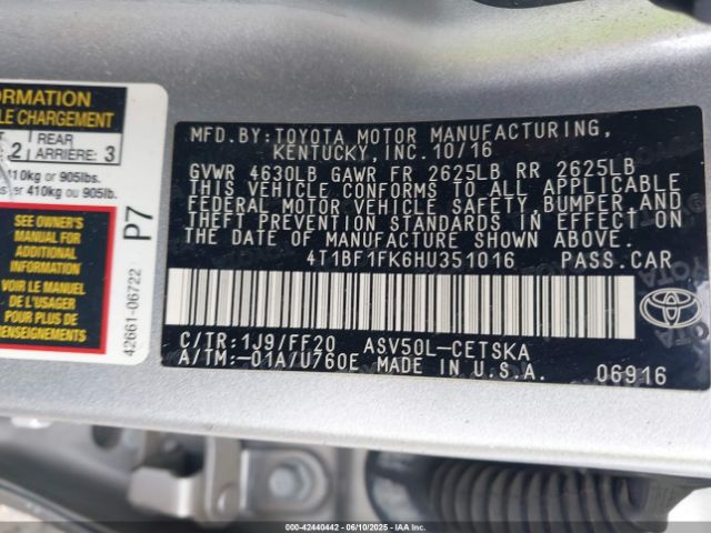 4T1BF1FK6HU351016 Toyota 2ar-fe
