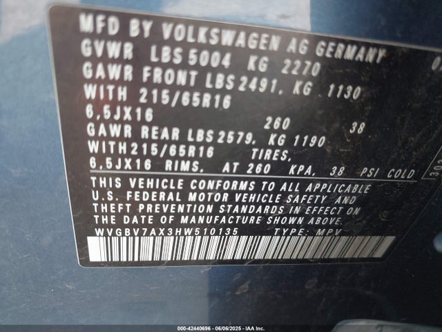WVGBV7AX3HW510135 Volkswagen 2.0 tsi