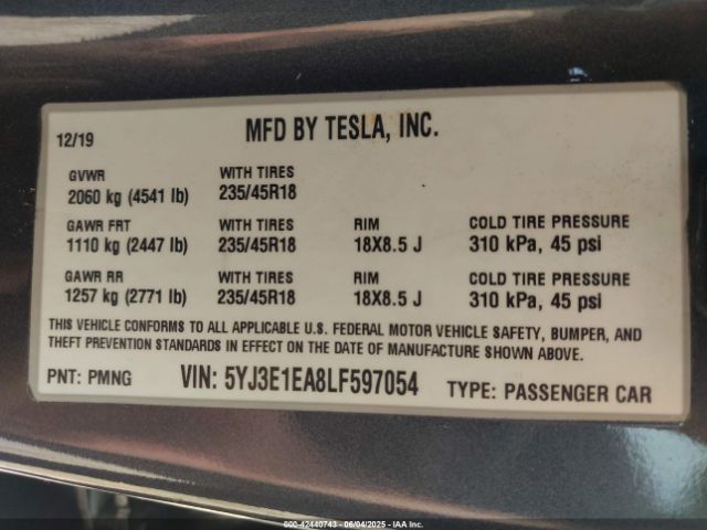 5YJ3E1EA8LF597054 Tesla Model 3 Standard Range Plus Rear-wheel Drive/standard Range Rear-wheel Drive