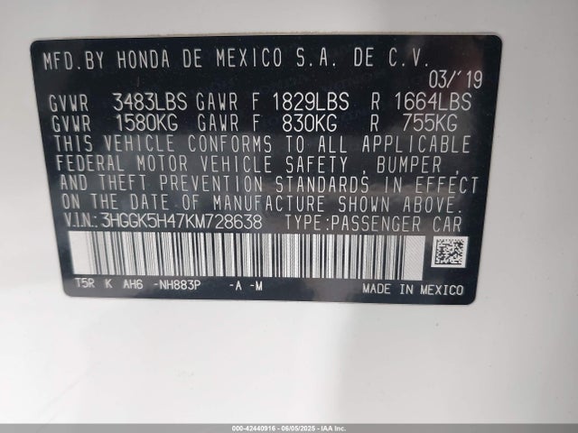 Honda l15b1 2019 3HGGK5H47KM728638 Image 9