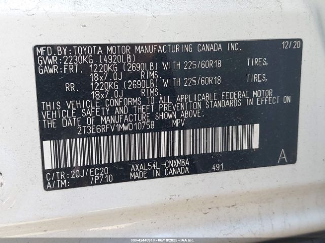 2T3E6RFV1MW010758 Toyota Rav4 Hybrid Xse