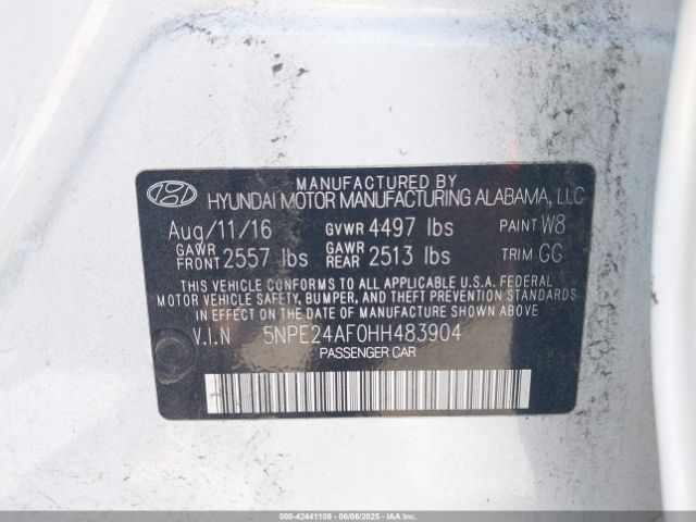5NPE24AF0HH483904 Hyundai SONATA SE