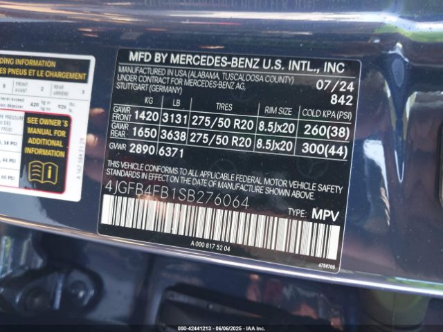 4JGFB4FB1SB276064 Mercedes-Benz m254