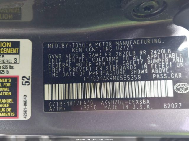 4T1G31AK4MU555359 Toyota Camry Se Hybrid