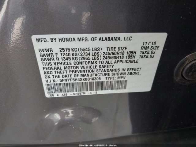 5FNYF5H4XKB018306 Honda Pilot Ex-l
