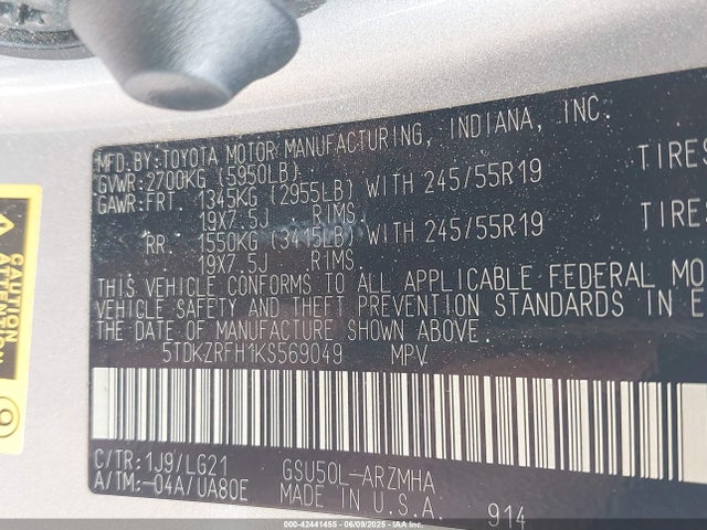 5TDKZRFH1KS569049 Toyota 2gr-fks