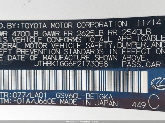 JTHBK1GG6F2173058 Lexus ES 350