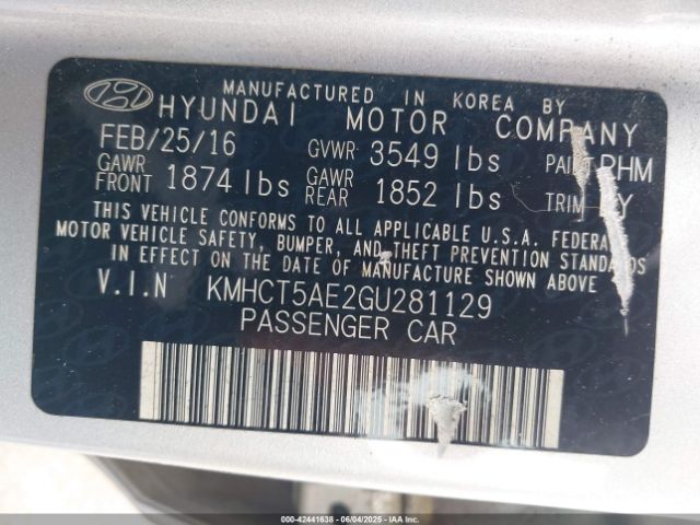 KMHCT5AE2GU281129 Hyundai ACCENT SE
