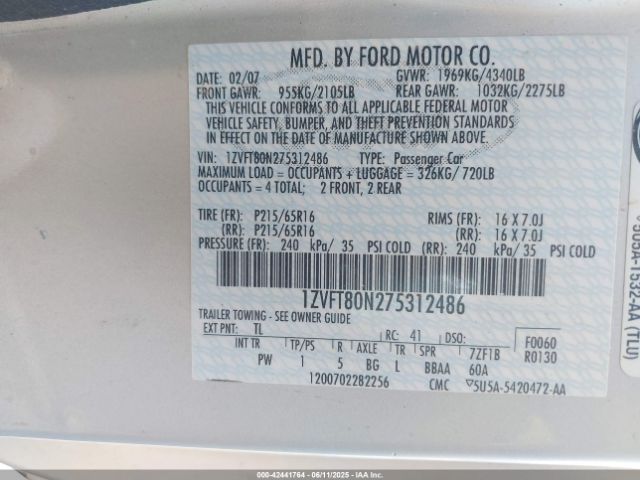 2007 FORD MUSTANG 1ZVFT80N275312486 Photo 8