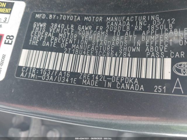 2012 TOYOTA COROLLA 2T1BU4EE1CC864784 Photo 8