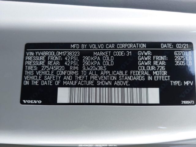 2021 VOLVO XC90 RECHARGE PLUG-IN HYBRID YV4BR00L0M1738323 Photo 8