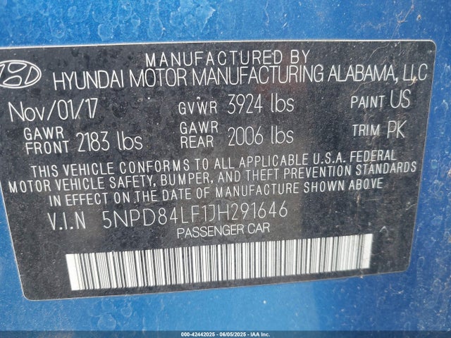 5NPD84LF1JH291646 Hyundai mpi nu