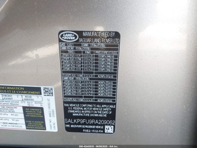 SALKP9FU9RA209062 Land Rover aj120p6h