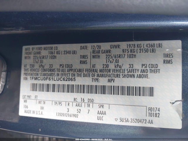 1FMCU0F61LUC62065 Ford 2020