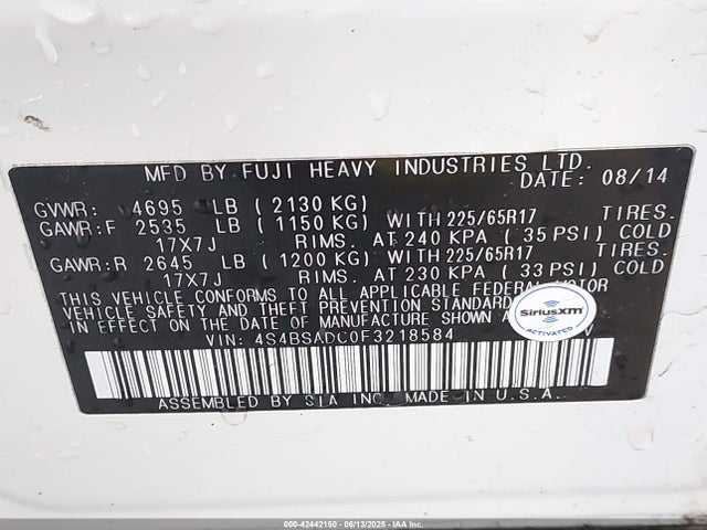 4S4BSADC0F3218584 Subaru 2.5l u5