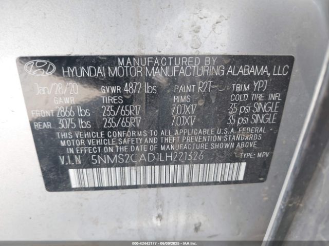 2020 HYUNDAI SANTA FE 5NMS2CAD1LH221326 Photo 8