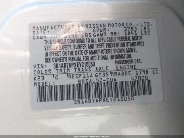 3N1AB7APXEY215050 Nissan Sentra Fe+ S/fe+ Sv/s/sl/sr/sv