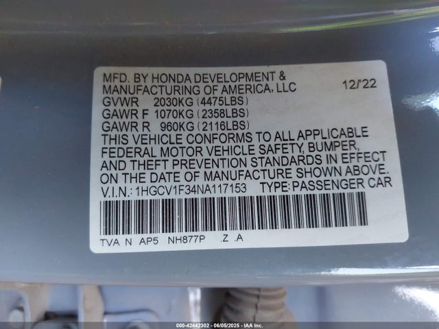 1HGCV1F34NA117153 Honda l15be