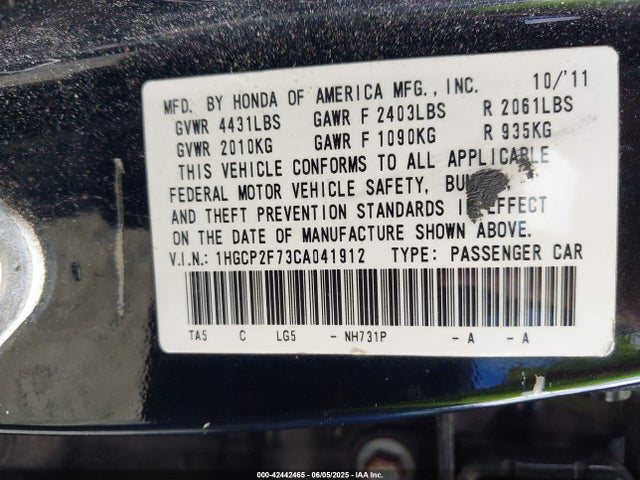 Aukcja sprzedaży 2012 Honda Accord 2.4 Ex, vin: 1HGCP2F73CA041912, numer aukcji: 42442465