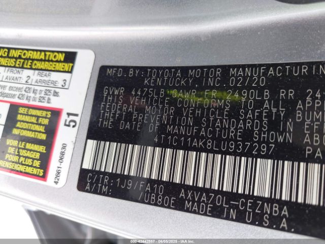 2020 TOYOTA CAMRY 4T1C11AK8LU937297 Photo 8