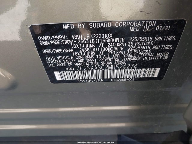 Subaru na u5 2021 JF2SKASC2MH524274 Image 9