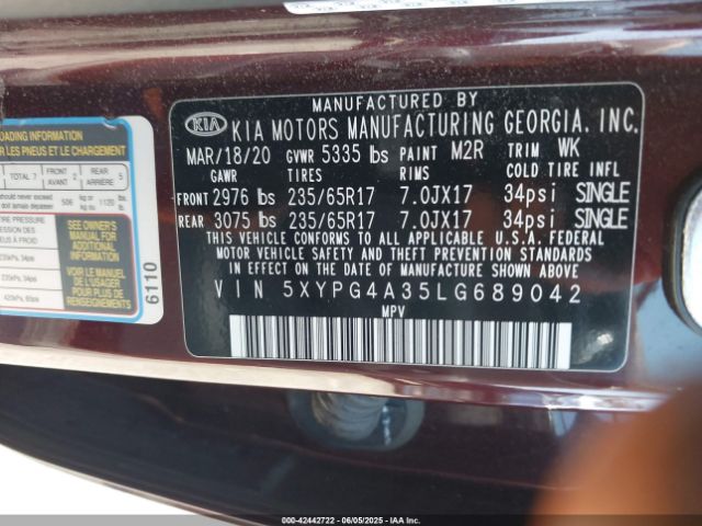 2020 KIA SORENTO 5XYPG4A35LG689042 Photo 8