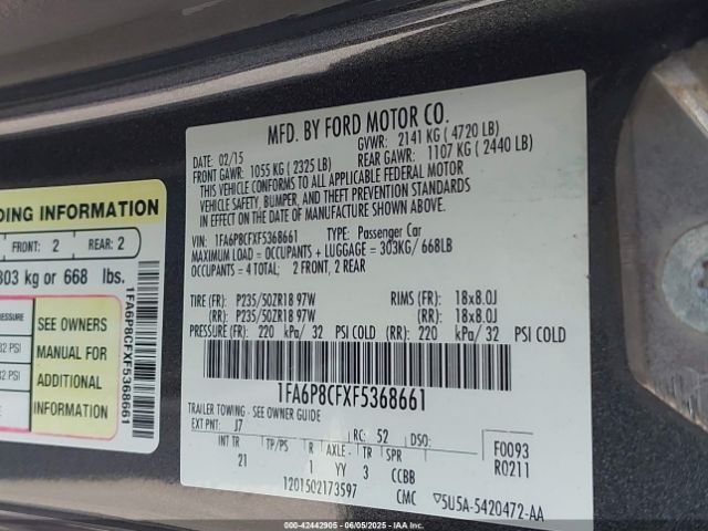 1FA6P8CFXF5368661 Ford MUSTANG GT