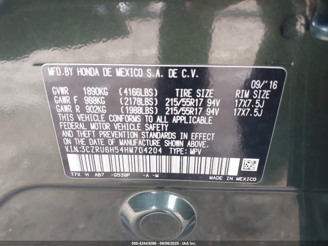 3CZRU6H54HM704204 Honda r18z9