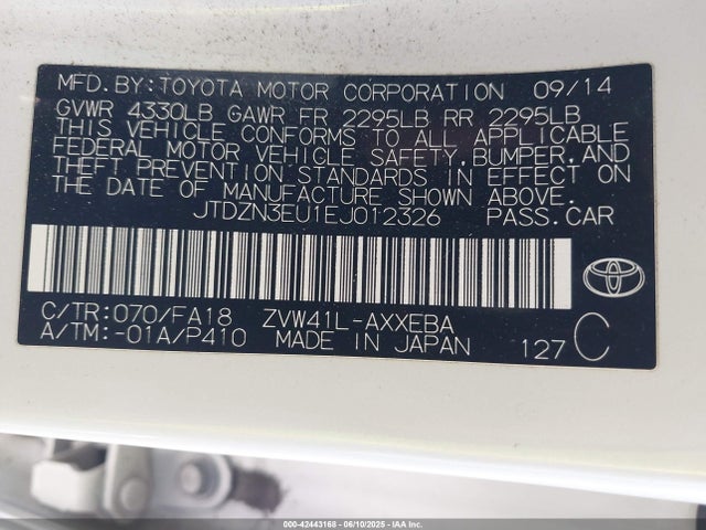 JTDZN3EU1EJ012326 Toyota 2zr-fxe+5jm