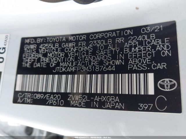 JTDKAMFP3M3187644 Toyota 2zr-fxe, 1nm+1sm