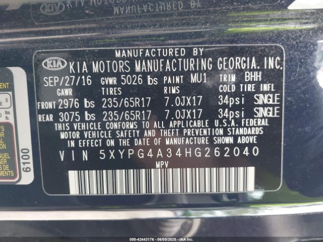 5XYPG4A34HG262040 KIA Sorento 2.4l Lx