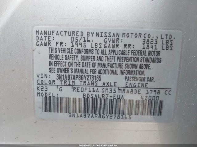 3N1AB7AP8GY278165 Nissan Sentra Fe+ S/s/sl/sr/sv