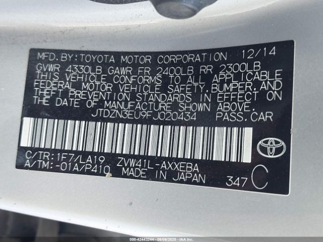 JTDZN3EU9FJ020434 Toyota 2zr-fxe+5jm