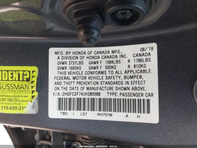 2HGFC2F74JH589988 Honda CIVIC EX