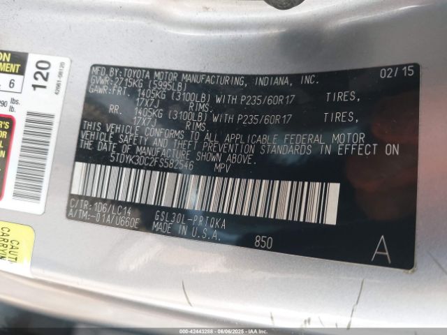 5TDYK3DC2FS582546 Toyota Sienna Xle 8 Passenger