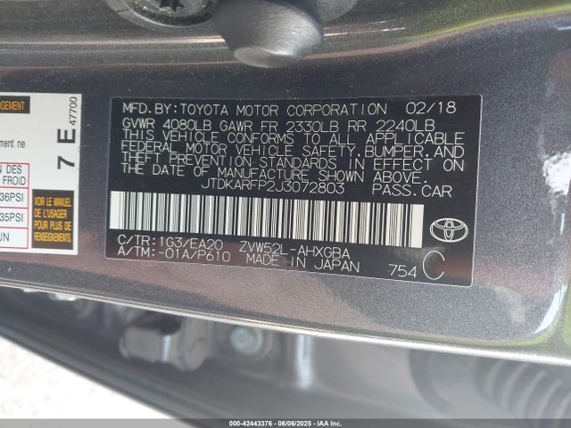 Toyota 2zr-fxe+1nm 2018 JTDKARFP2J3072803 Image 9