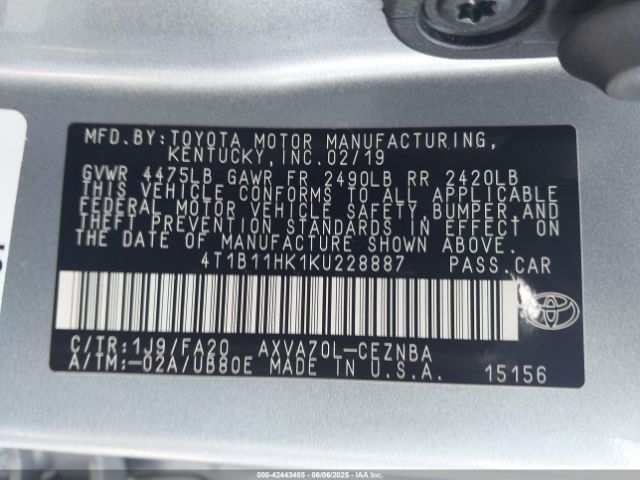 2019 TOYOTA CAMRY 4T1B11HK1KU228887 Photo 8