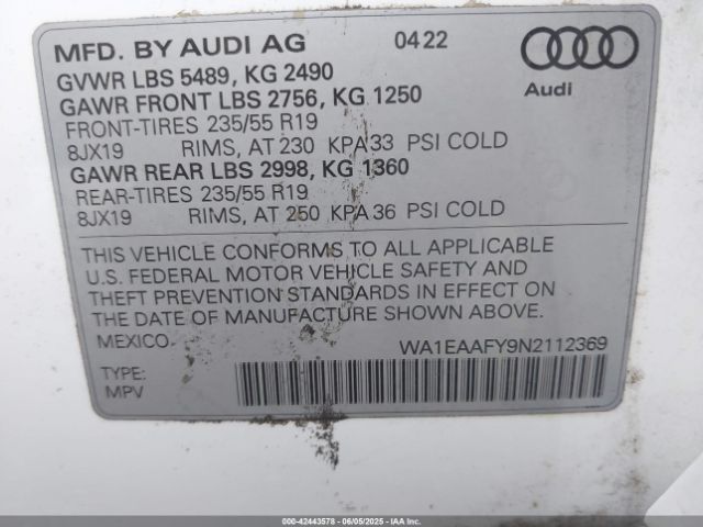 WA1EAAFY9N2112369 Audi Q5 Premium Plus 45 Tfsi S Line Quattro S Tronic