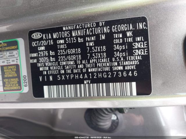 5XYPH4A12HG273646 KIA Sorento 2.0t Ex