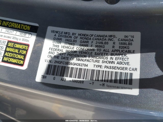2HGFC3B35GH352704 Honda l15b7