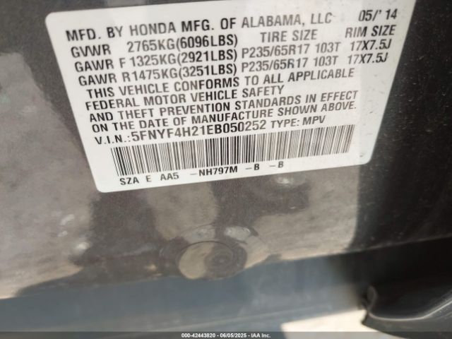 5FNYF4H21EB050252 Honda PILOT LX