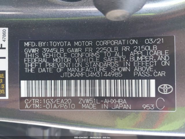 JTDKAMFU4M3144985 Toyota 2zr-fxe,1nm