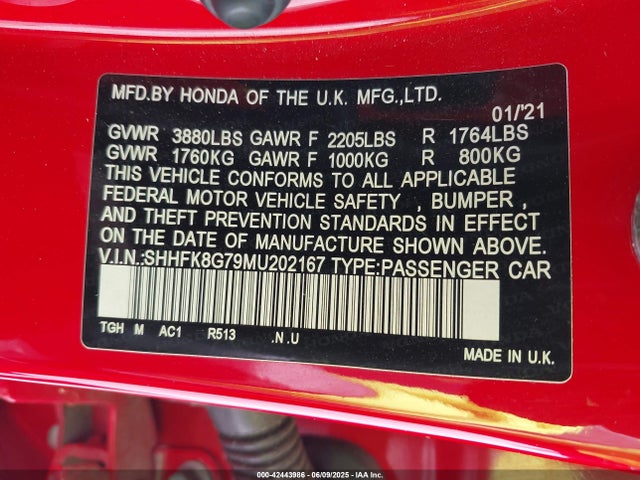 SHHFK8G79MU202167 Honda k20c1