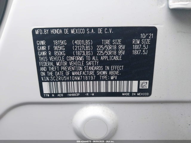 3CZRU5H10NM718197 Honda r18z9