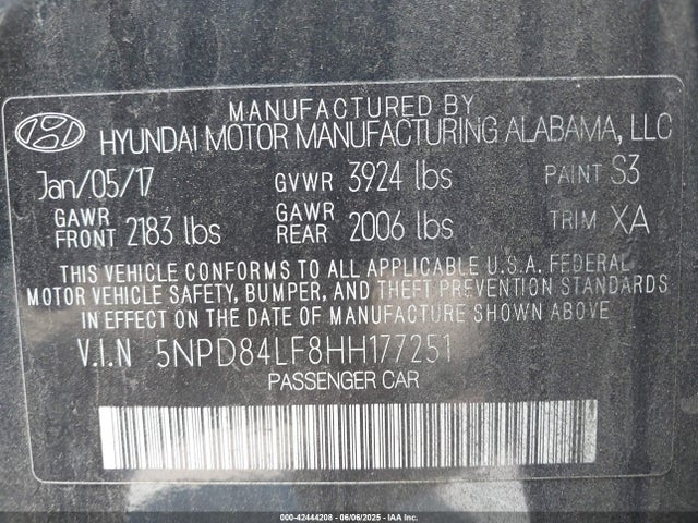 5NPD84LF8HH177251 Hyundai ELANTRA SE